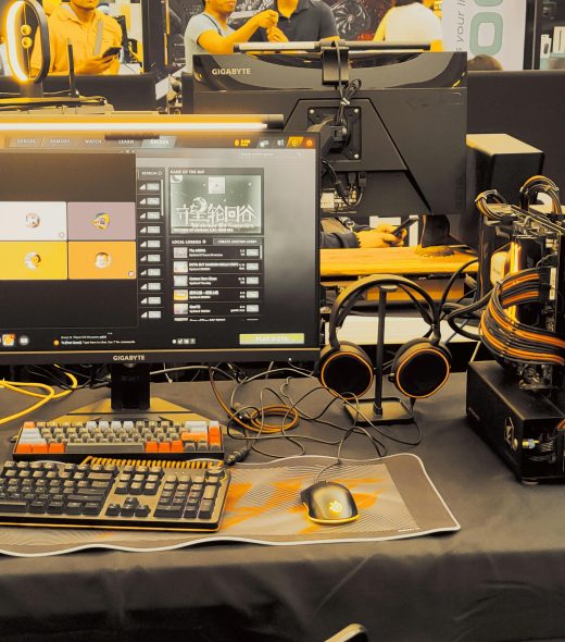 Modern gaming gear setup on display at a tech expo.
