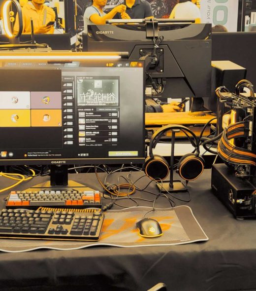 Modern gaming gear setup on display at a tech expo.