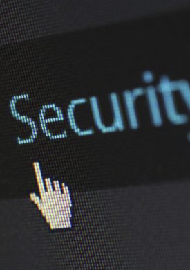Close-up view of a mouse cursor over digital security text on display.