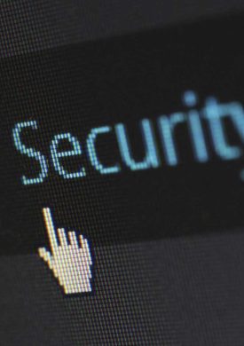 Close-up view of a mouse cursor over digital security text on display.